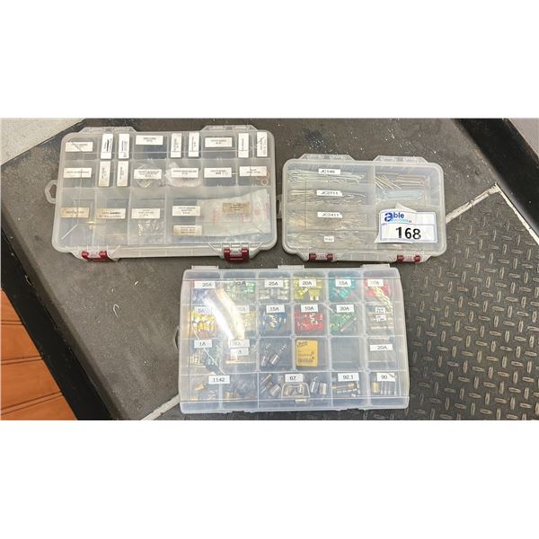 3 BINS WITH COTTER PINS, O-RINGS, FUSES, LIGHT BULBS