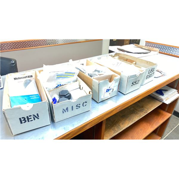 5 BOXES ASST PARTS. FITTINGS, LEG GASKETS, ETC