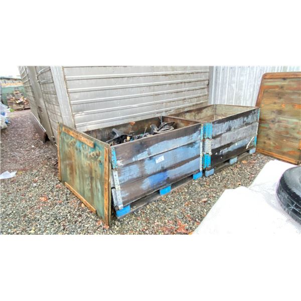 3 STACKING SECTIONAL PALLET BOXES, 3 ROLLING BINS AND PLASTIC 45 GALLON DRUM (NO TOP)