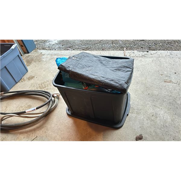BIN OF TARPS-APPROX 4 PLUS BUNGEES AND ROPE ETC