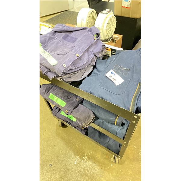 GROUP LOT OF SHOP COVERALLS. 12 PAIR SIZES 44,46 AND 56 TALL