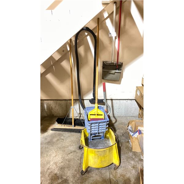 COMMERCIAL MOP BUCKET, MOP, DIRT DEVIL VACUUM, PUSH BROOM WITH EXTRA HEAD, DUST PAN
