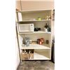 Image 1 : GROUP LOT OF KITCHEN CONTENTS. MICROWAVE, KEURIG COFFEE MAKER, MUGS, ETC PLUS SHELVING UNIT