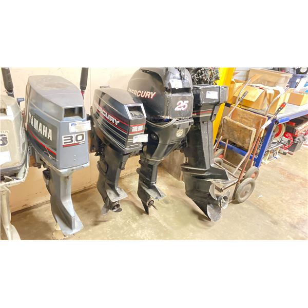 GROUP LOT OF 4 OUTBOARDS FOR PARTS. YAMAHA 30 HP (REPAIRABLE), MERCURY 25HP X 2, BLACK MAX 6 CYL