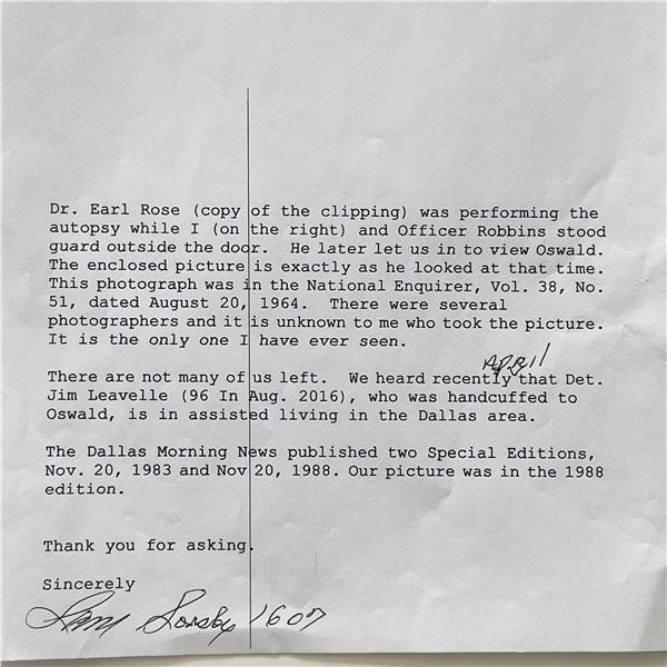 Lee Harvey Oswald Autopsy Police Guard Sam Sorsby signed letter