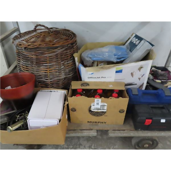 Murphy Oil, Large Basket w/Linens, Toolbox, Asst. Home Goods, Shelf (Needs