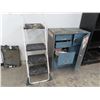 Image 4 : Blue Metal Storage Cabinet w/Batteries, Painter's Step Stool and Supplies