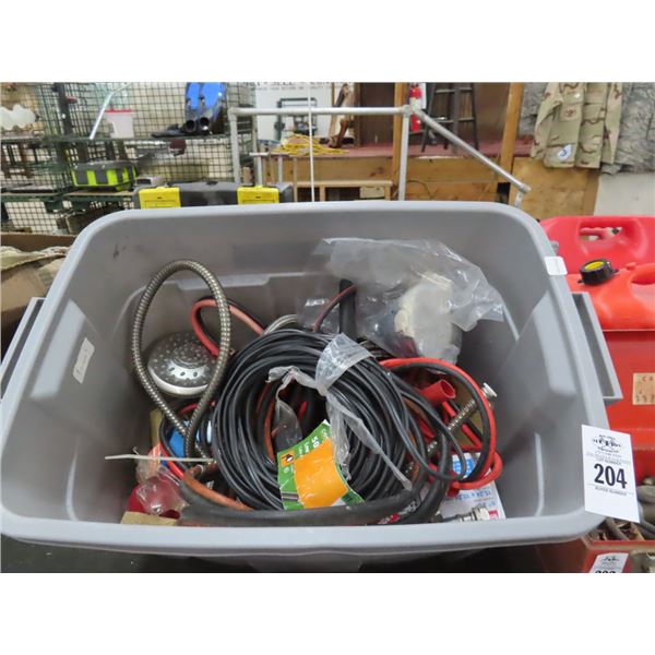 Bin w/Jumper Cables, Shower Head, Asst. Tools/Supplies