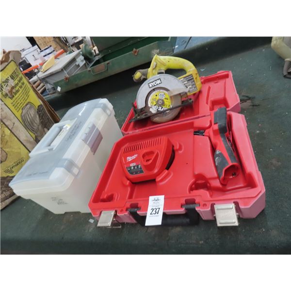 Plastic Toolbox, Ryobi Cordless Circular Saw, Milwaukee Cordless Meter -