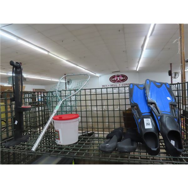 Pair of Flippers, Bait Bucket, Net, Tire Pump