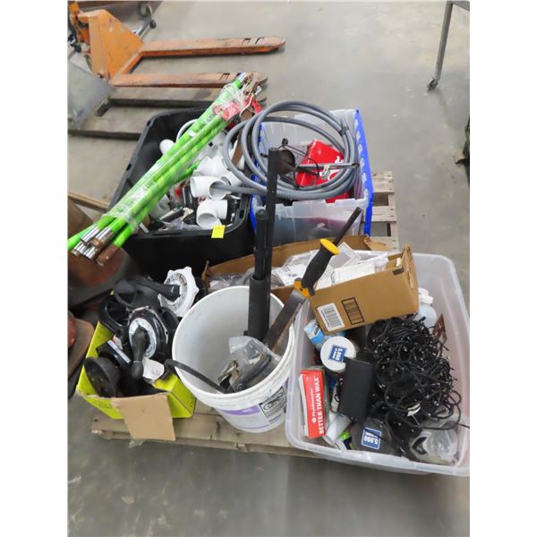 Pallet w/PVC Fittings, Pole Saw, String Lights, Vari-Flo Valves