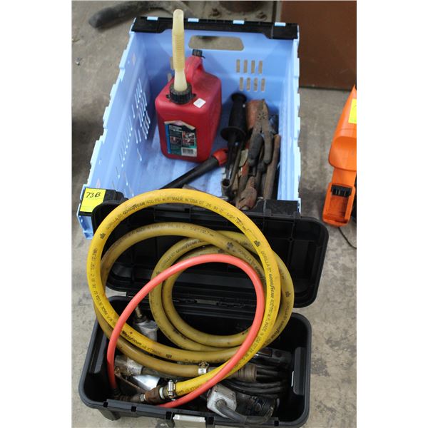 Toolbox w/Pneumatic Tools, Air Hoses, Tub of Plumbing Pipe Wrenches