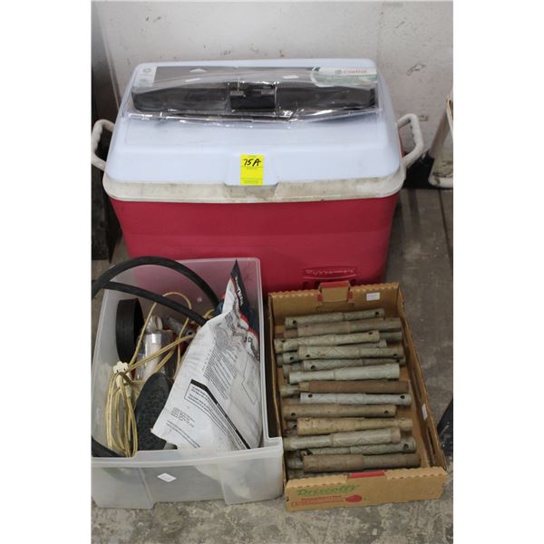 Rubbermaid Cooler, XL Rearview Mirror, Tub of Plumbing Wrenches, Shower Faucet