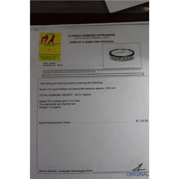 14K WG Diamond Band w/7 Round Cut Diamonds Replacement Value $1,150.00