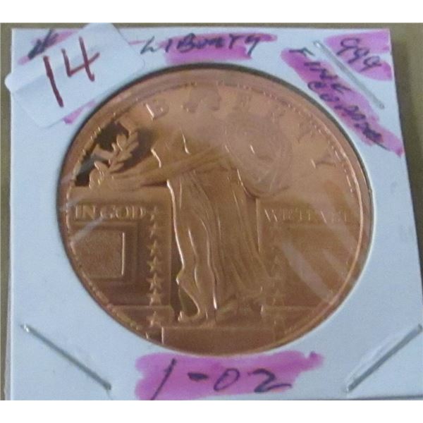 999 FINE PROOF COPPER 1 OZ USA LIBERTY COIN