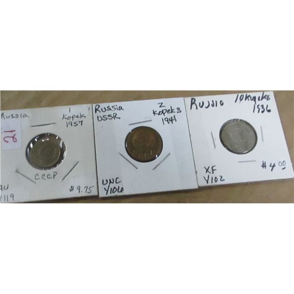 1957 ONE, 1941 TWO, & 1936 TEN RUSSIA KOPEK COIN SET