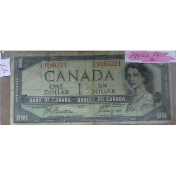 1954 BANK OF CANADA DEVILS FACE LEGAL TENDER $1 BILL