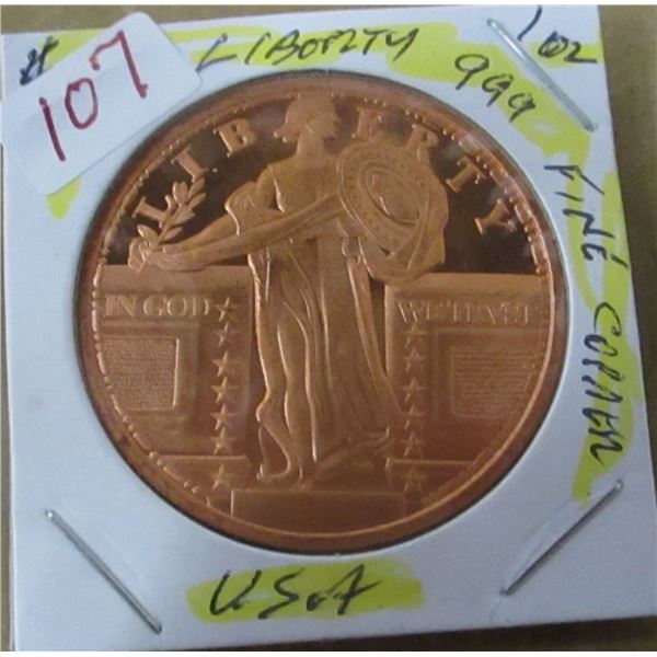 LIBERTY USA PROOF 1 OZ 999 FINE COPPER COIN