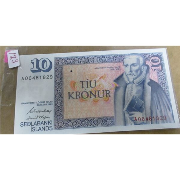 1961 SEDLABANKI ISLAND 10 KRONUR BANK NOTE