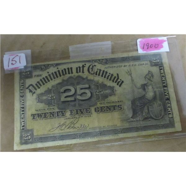 1900 DOMINION OF CANADA 25 CENT BANK NOTE