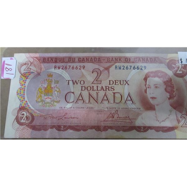 1974 MULTI COLORED BANK OF CANADA $2 BILL