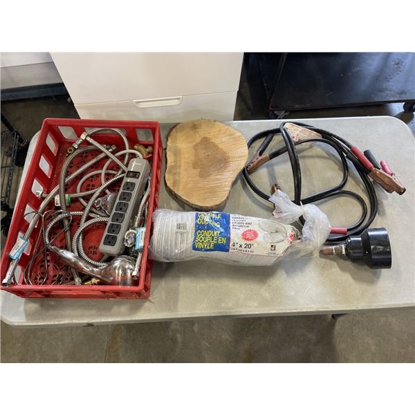 TRAY OF JUMP CABLES,POWER BAR AND 12V AUTOMOTIVE BATTERY