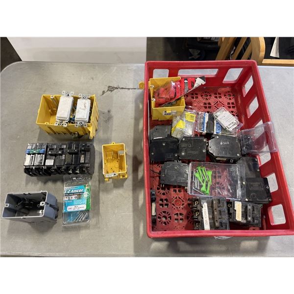TRAY OF BREAKERS, ELECTRICAL BOXES AND MORE