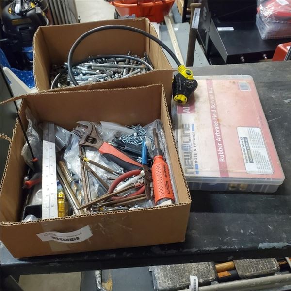 ASSORTED HAND TOOLS, FASTENERS AND HOSE FITTINGS
