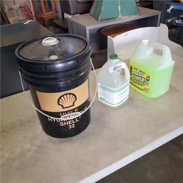 PAIL OF HYDRAULIC OIL 1/4 FULL WITH 2 JUGS OF CLEANERS