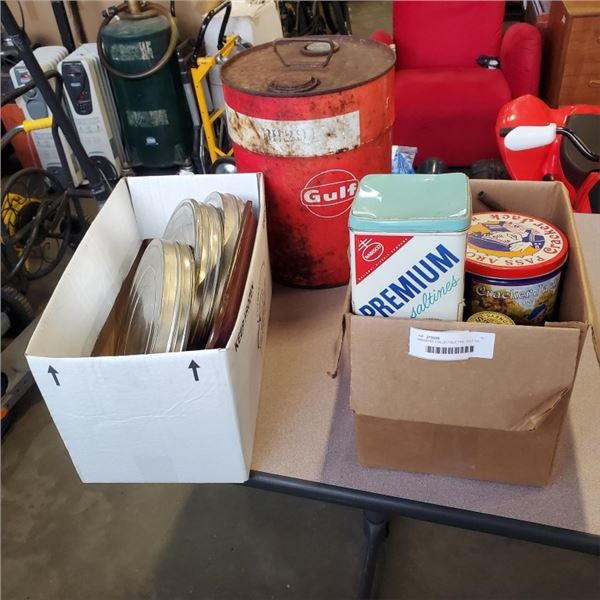 ASSORTED COLLECTIBLE TINS, GULF OIL CAN AND MOVIE REEL CASES