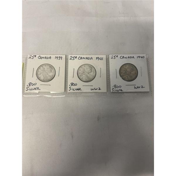 3 CANADIAN SILVER WWII 1939, 1940, 1941 .800 SILVER