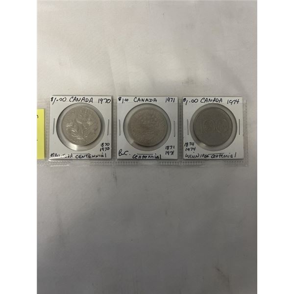 3 CANADIAN CENTENNIAL DOLLARS; 1970 MANITOBA, 1971 BC, 1974 WINNIPEG