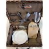 Image 2 : WICKER PICNIC BASKET FOR 2 W/ WINEGLASSES, CERAMIC PLATES, CUTLERY, SALT & PEPPER AND CORKSCREW - RE