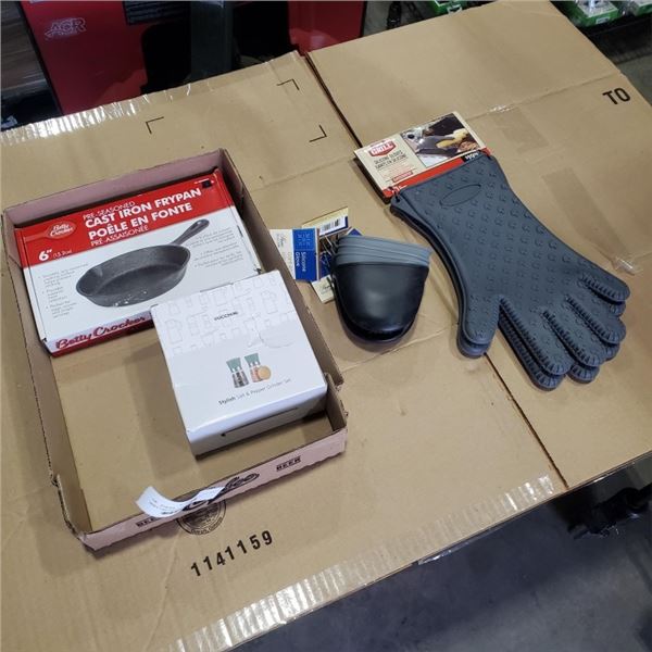 NEW 6" CAST IRON SEASON PAN, PAIR OF SILICONE OVEN GLOVES, SALT AND PEPPER SET WITH 4 SILICONE HALF 
