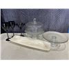 Image 1 : 2 CAKE PLATES WITH CENTERPIECE DISH AND LIQUOR GLASSES