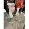 Image 1 : MILK GLASS CANDLE HOLDERS WITH PINK VASE AND CLEAR GLASS COLLECTIBLES