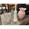 Image 2 : MILK GLASS CANDLE HOLDERS WITH PINK VASE AND CLEAR GLASS COLLECTIBLES