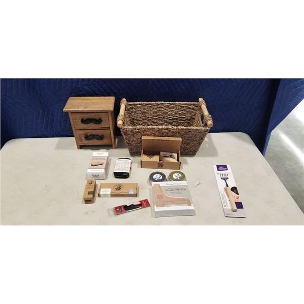 MR MOUSTACHE 2 DRAWER MANGO WOOD BEARD KIT WITH 2 BEARD BALMS, BEARD OIL, 2 BEARD BRUSHES, BEARD SHA