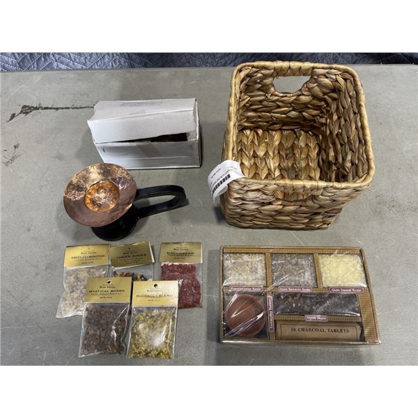 INCENSE IRON AROMA LAMP WITH COPPER BOWL, RESIN INCENSE OF INDIA SET, VARIETY OF 5 RESINS PACKAGES, 