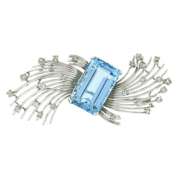 Vintage Handmade Platinum 20.5 ctw GIA Emerald Cut Aquamarine Diamond Wire Brooc