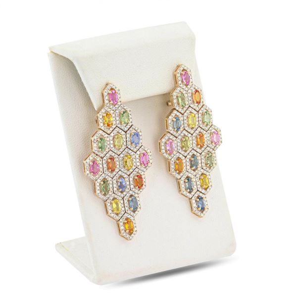 10.97 ctw MultiColor Sapphire and 4.70 ctw Diamond 14K Yellow Gold Changelier Ea