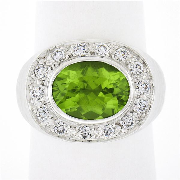 18k White Gold 4.11 ctw Oval Peridot & Pave Diamond Matte Hammered Cocktail Ring