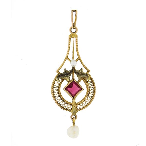 Antique Victorian 10K TT Gold Red Stone & Pearl Dangle Filigree Lavalier Pendant