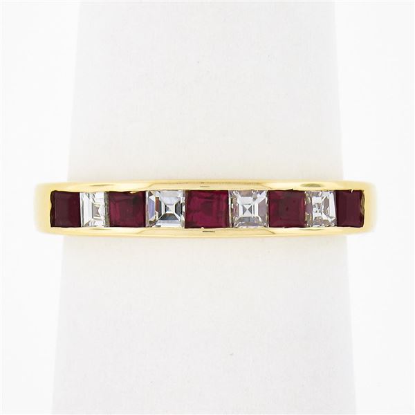 18K Gold 0.88 ctw Alternating Square Step Cut Ruby & Diamond Channel Set Band Ri