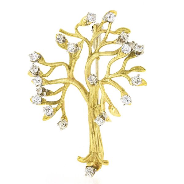 Textured 18K TT Gold 1.0 ctw Prong Set European Diamond Tree Branch Pin Brooch