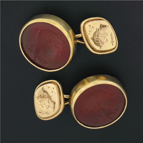 Antique Mens 14k Gold Round Bezel Carved Intaglio Carnelian & Gold Cuff Links