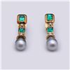 Image 1 : Pair of Elaborate 18K Yellow Gold Pearl, Diamond & Gilson Emerald earrings