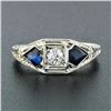 Image 2 : Antique Art Deco 18k White Gold .22 ctw Round Diamond Shield Sapphire 3 Stone Ri