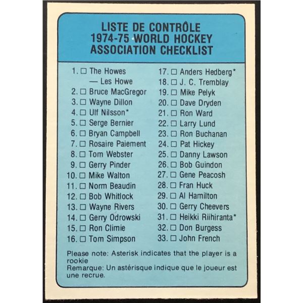 1974-75 O-PEE-CHEE WHA CHECKLIST