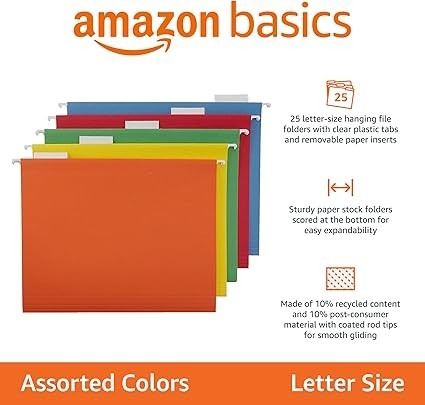 Basics Hanging Organizer File Folder Letter Size Assorted Colors - Pack ...